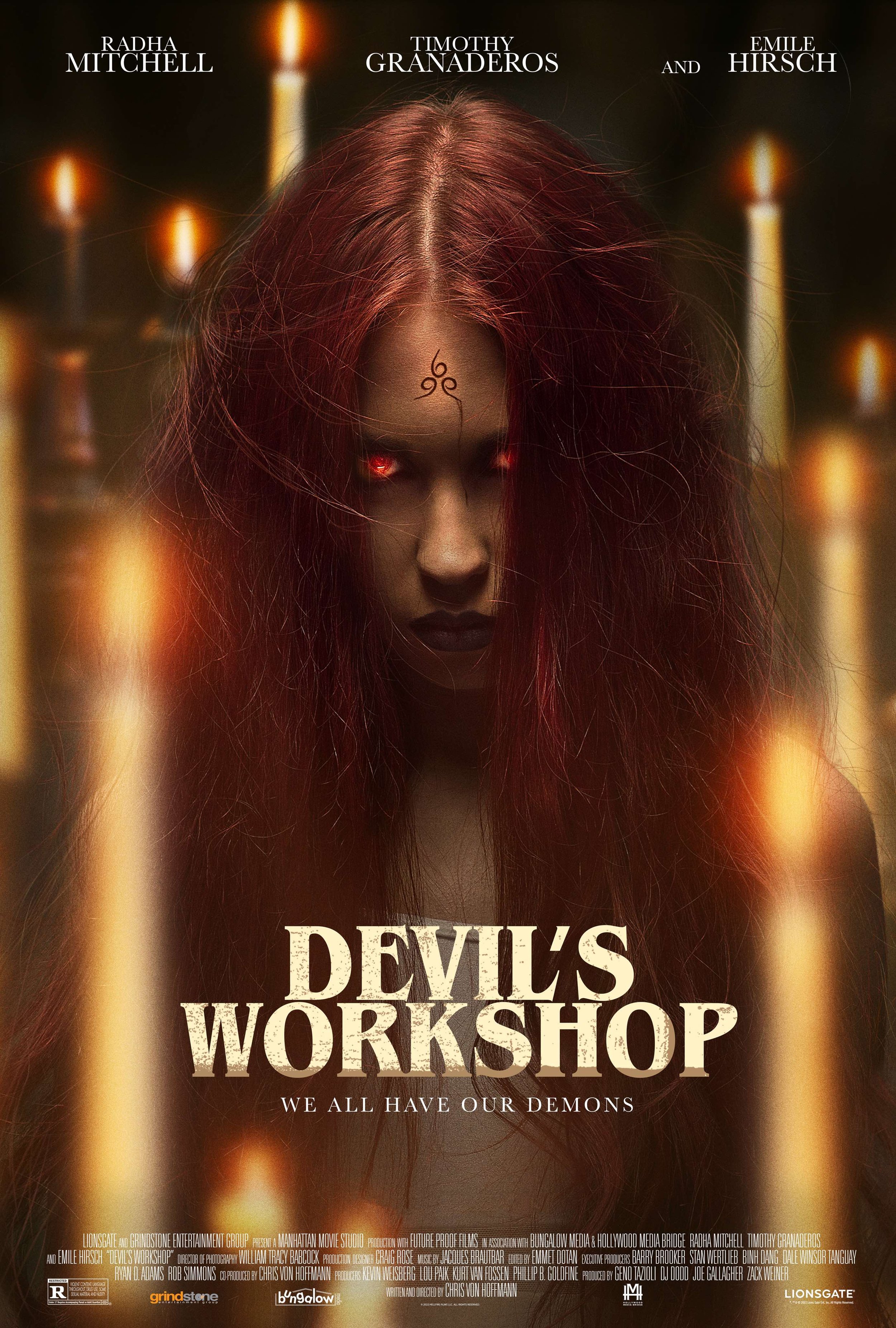 Devil's Workshop (2022) horror drama film starring Radha Mitchell, Timothy Granaderos, Emile Hirsch - post-production supervised by Dale Tanguay, Carbon Arc Media - distributed by Lionsgate